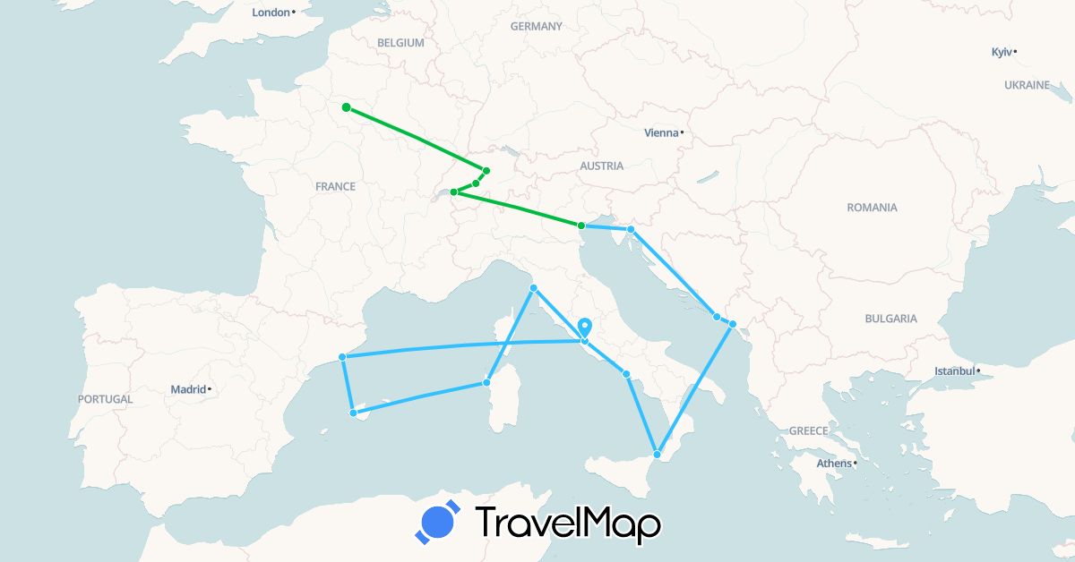 TravelMap itinerary: driving, bus, boat in Switzerland, Spain, France, Croatia, Italy, Montenegro (Europe)