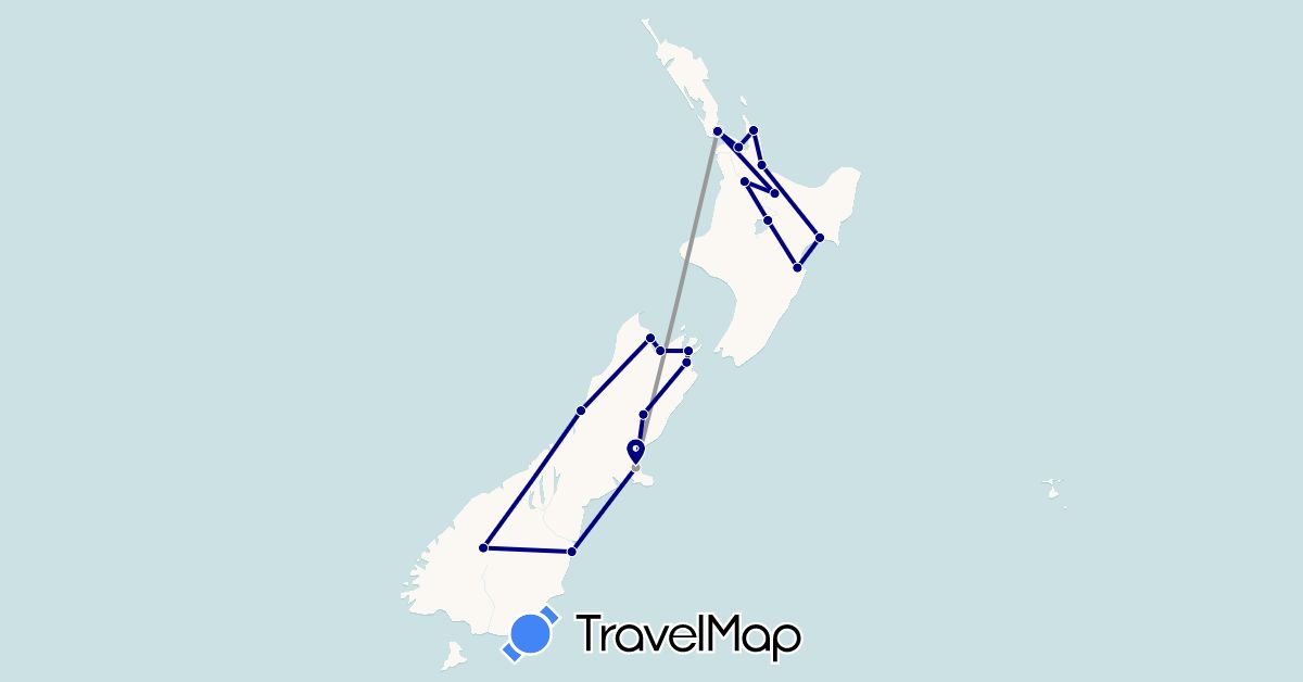 TravelMap itinerary: driving, plane in New Zealand (Oceania)